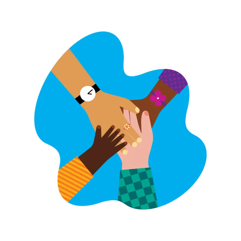 An illustration of diverse hands meeting together.