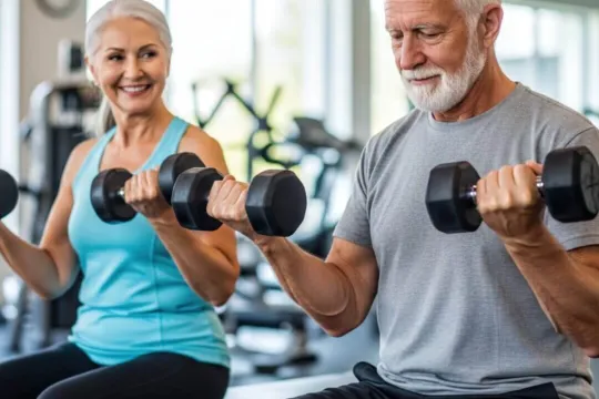 Two older adults lifting hand weights in the gym.