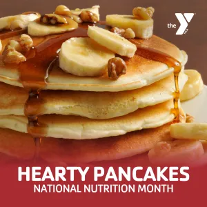 A graphic for a Hearty Pancakes recipe.