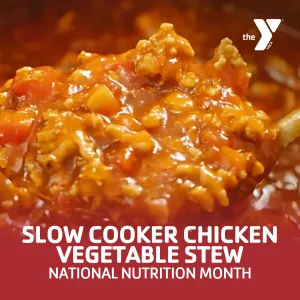 A graphic for a Slow Cooker Chicken Vegetable Stew recipe.
