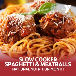 A graphic for a Slow Cooker Spaghetti and Meatballs recipe.