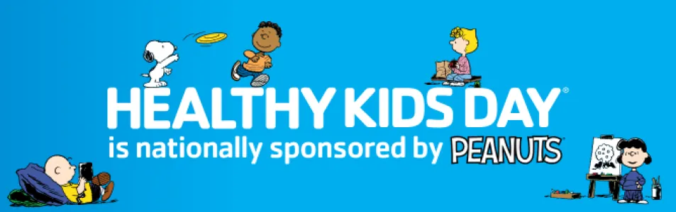 A banner that reads "Healthy Kids Day is nationally sponsored by Peanuts".