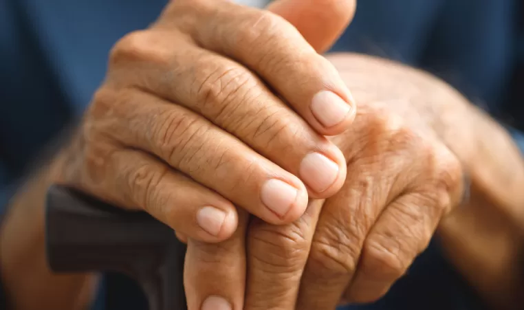 A close up of an elderly person's hands resting on a cane.