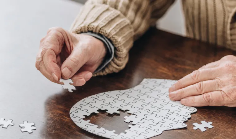 A pair of hands work on a puzzle in the shape of a person.