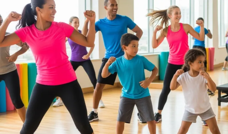 Family members dance together in a group Zumba dance class.