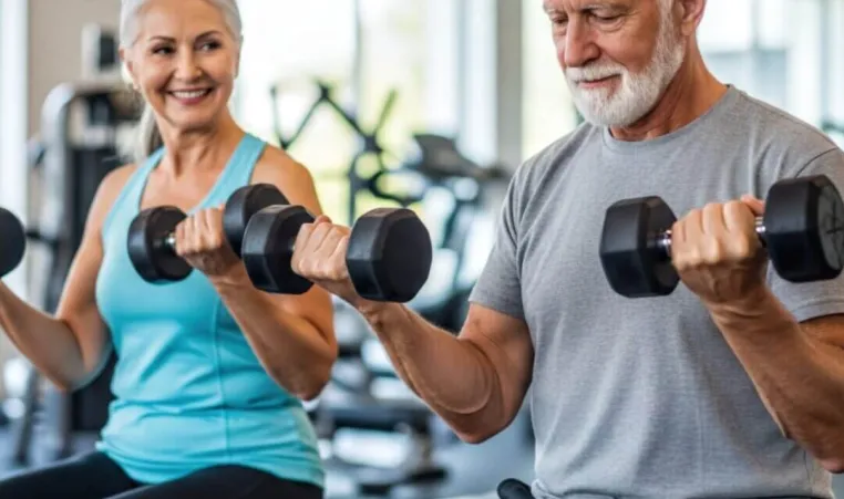 Two older adults lifting hand weights in the gym.